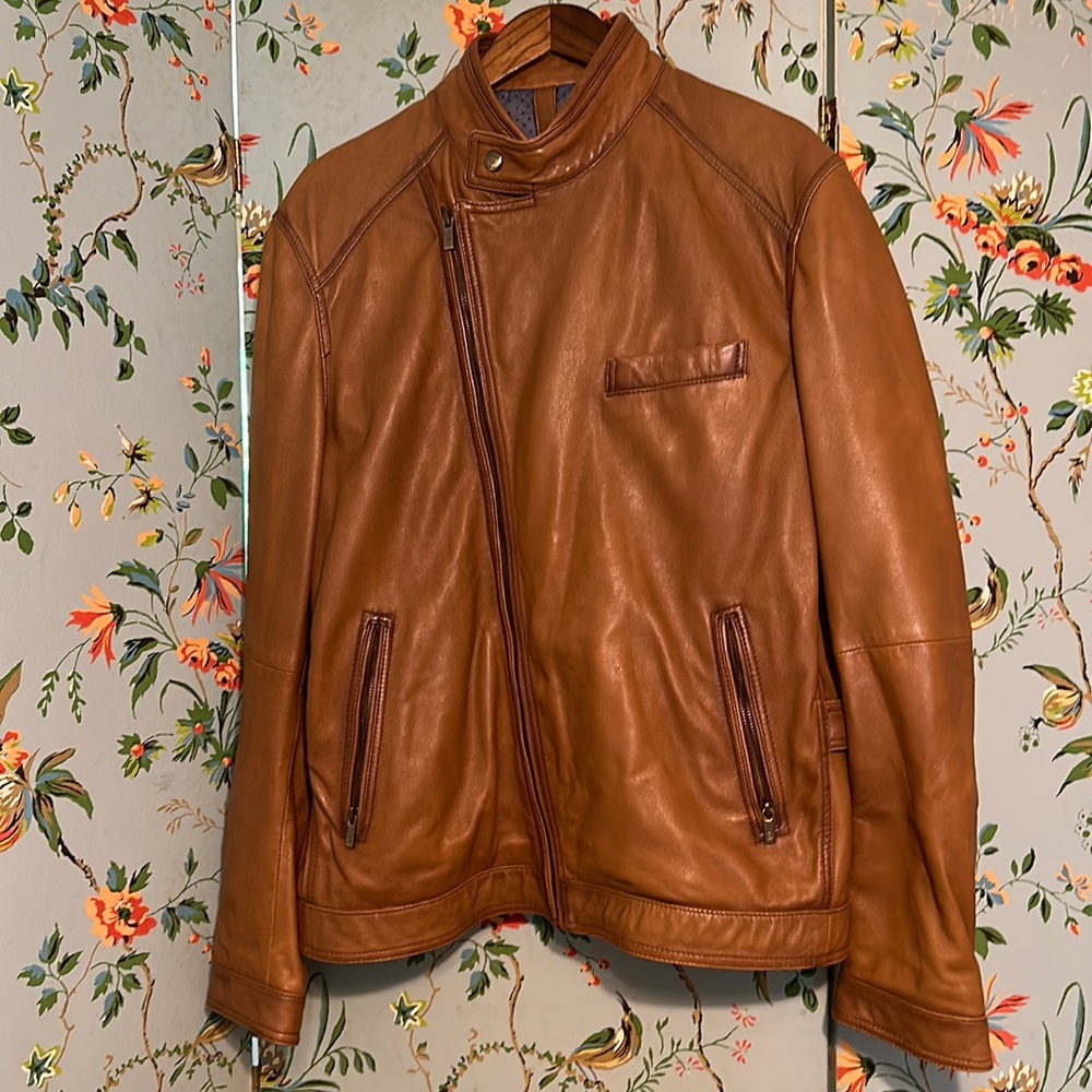 Massing Dutti light brown chestnut genuine leather coat Men’s Moto Zip Jacket XL